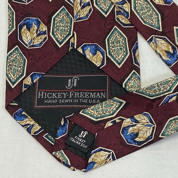 Hickey-Freeman Hand Sewn USA Silk Wide Neck Tie Maroon Framed Shapes - Picture 5 of 5